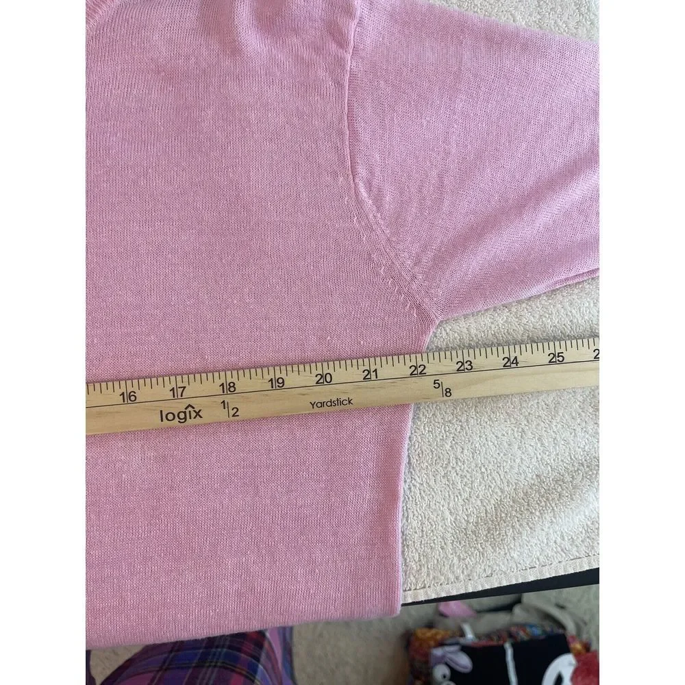 J.CREW Women’s Spring Sweater 100% Linen 3/4 Sleeves‎ Cute Pink Pom-Pom Trim S